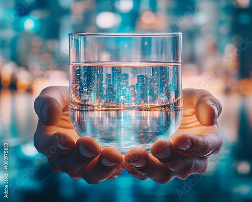 A close up of hands holding glass of purified water, reflecting vibrant cityscape. image conveys sense of clarity and connection to urban life, showcasing beauty of both nature and city photo