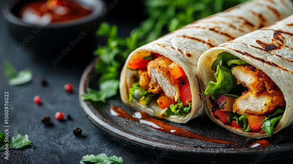 Savory Fried Chicken Wrap with Fresh Vegetables and Sauce on Rustic Plate - Appetizing Ad Poster Photography Savory Fried Chicken Wrap with Fresh Vegetables and Sauce on Rustic Plate - Appetizing Ad Poster Photography