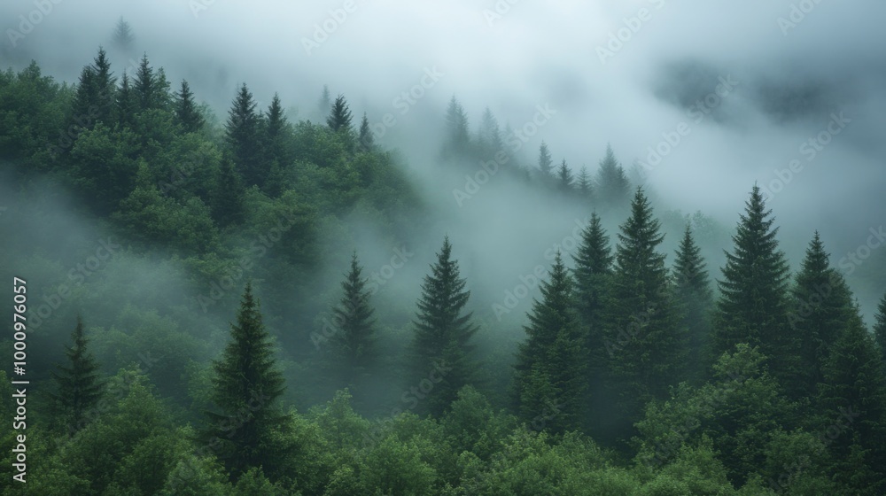 Misty Forest with Evergreen Trees Misty Forest with Evergreen Trees