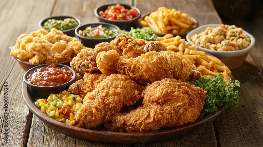 Delicious Fried Chicken Meal with Colorful Sides on Wooden Table Ad Poster Delicious Fried Chicken Meal with Colorful Sides on Wooden Table Ad Poster