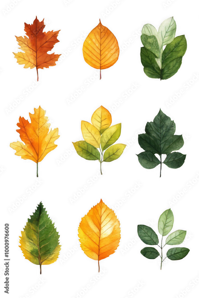 Variety of Common Leaves, Green, Yellow, and Orange Flora On Transparent Background Variety of Common Leaves, Green, Yellow, and Orange Flora On Transparent Background