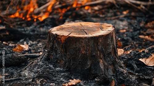 Close-up of a scorched tree stump surrounded by burnt forest debris, conveying the environmental damage caused by forest fires and their devastating effects.