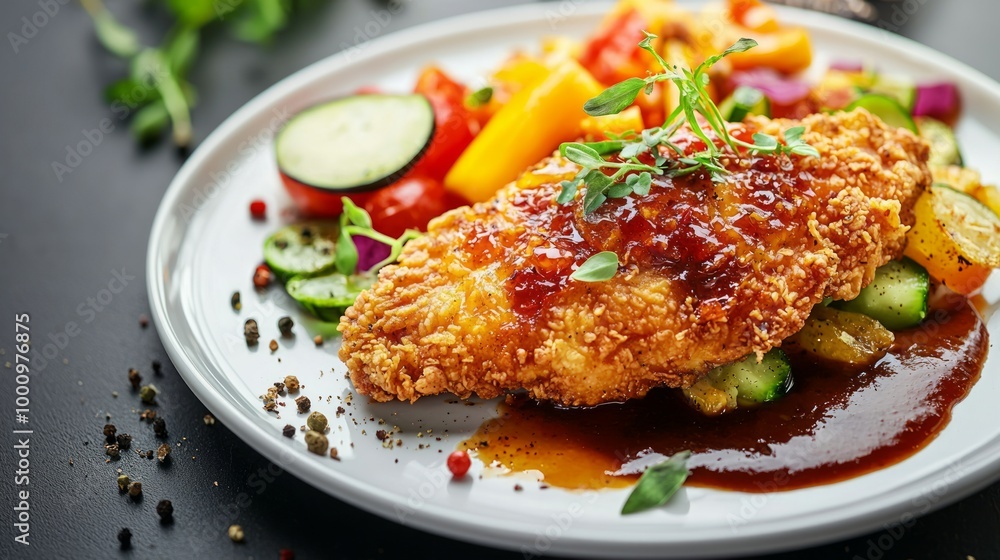 Succulent Gourmet Fried Chicken Dinner with Seasonal Vegetables and Rich Sauce on Elegant Dining Table - Delicious Ad Poster Photography Succulent Gourmet Fried Chicken Dinner with Seasonal Vegetables and Rich Sauce on Elegant Dining Table - Delicious Ad Poster Photography