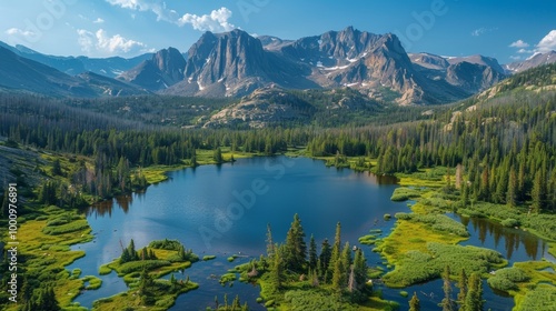 Mountain lake with forest reflection and scenic peaks 