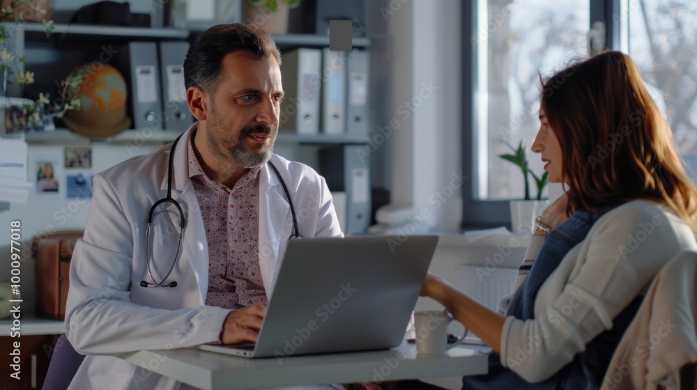 A doctor is talking to a woman on a laptop A doctor is talking to a woman on a laptop