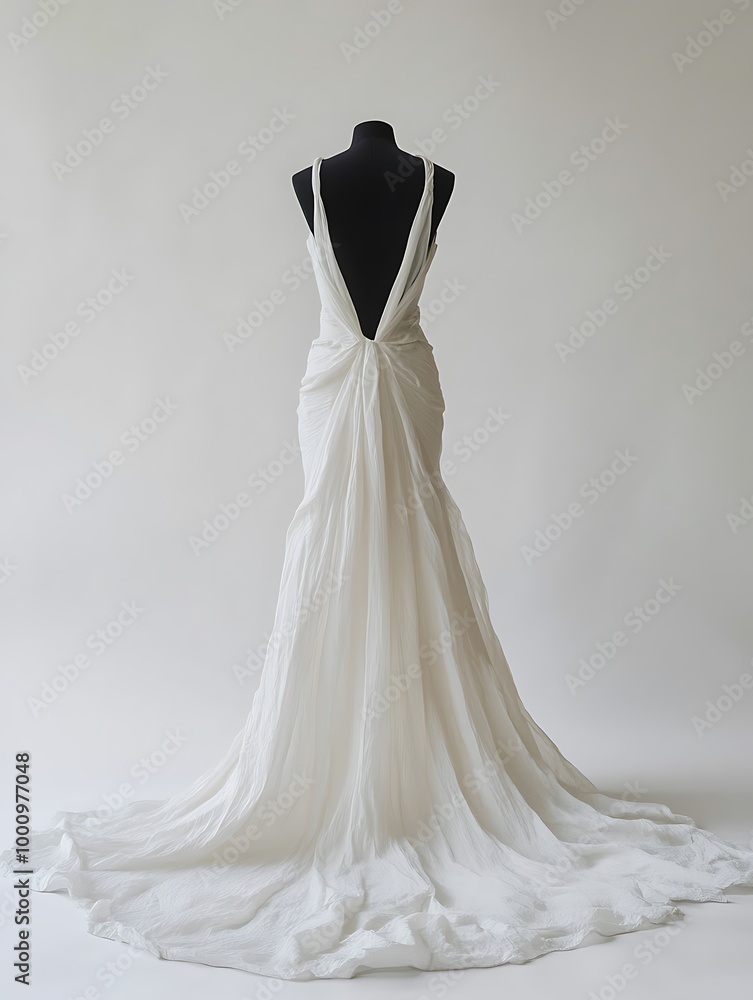 Back View of a White Wedding Dress with a Low Back and a Flowing Train. Back View of a White Wedding Dress with a Low Back and a Flowing Train.
