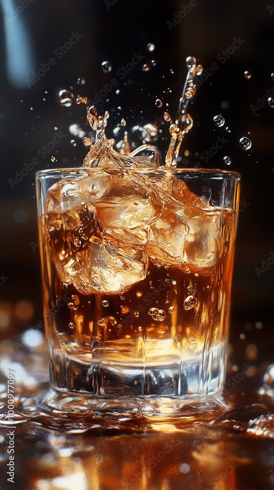 Whiskey Splash with Ice in a Glass Whiskey Splash with Ice in a Glass