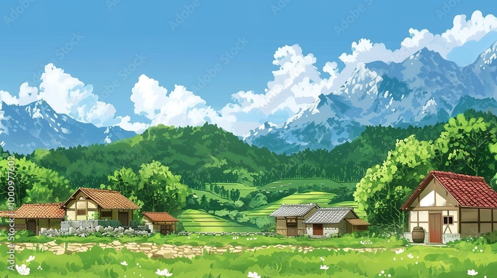 Obraz premium Beautiful Background of Rural Scenery in Mountain Villages: A Peaceful and Idyllic Retreat. Experience the Tranquility and Charm.