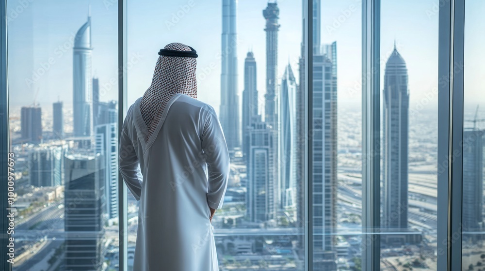Businessman looking out over modern cityscape Businessman looking out over modern cityscape