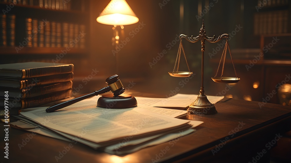 A lawyers office desk filled with legal documents, a gavel, and a glowing scales of justice statue A lawyers office desk filled with legal documents, a gavel, and a glowing scales of justice statue