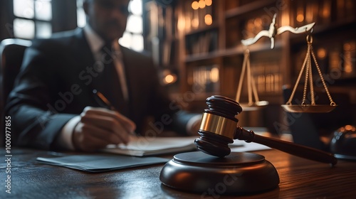 A lawyer writing with a gavel and scales of justice in view, symbolizing law and legal proceedings.