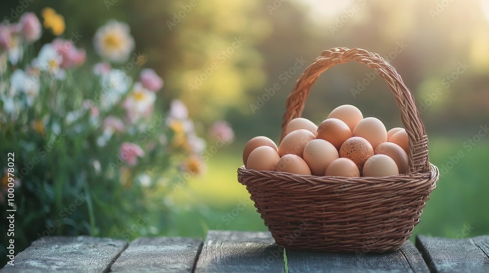Fresh Basket of Chicken Eggs on a Rustic Wooden Table Fresh Basket of Chicken Eggs on a Rustic Wooden Table