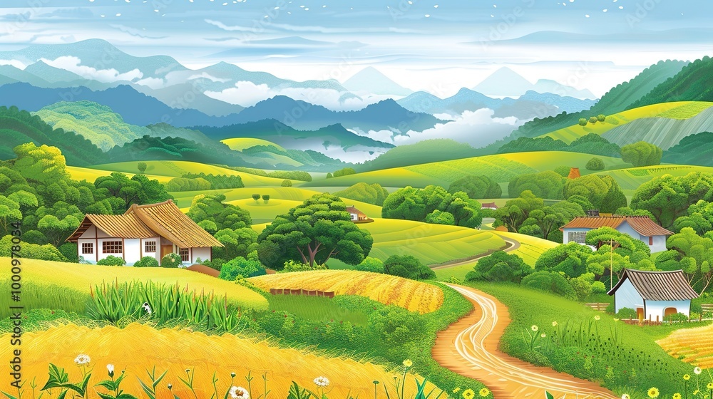 Obraz premium Beautiful Background of Rural Scenery in Mountain Villages: A Peaceful and Idyllic Retreat. Experience the Tranquility and Charm.