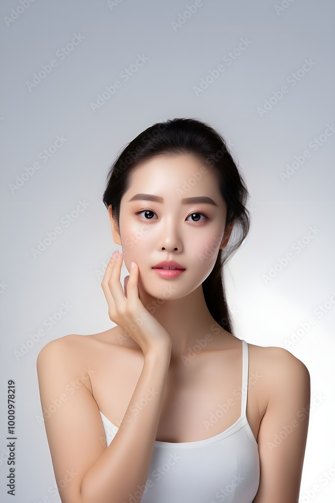 Beautiful portrait of a young woman Gently touch your cheek with your hand. Show off natural skin. Beautiful portrait of a young woman Gently touch your cheek with your hand. Show off natural skin.