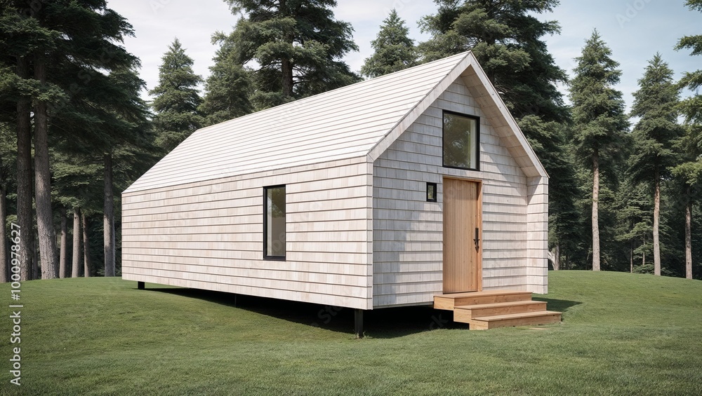 The cabin features a simple, rectangular design with a steeply pitched roof. The exterior is clad in light-colored wooden shingles, blending harmoniously with the natural surroundings The cabin features a simple, rectangular design with a steeply pitched roof. The exterior is clad in light-colored wooden shingles, blending harmoniously with the natural surroundings