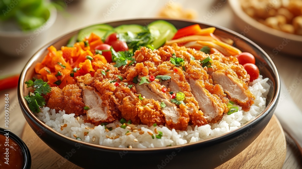 Savory Fried Chicken Bowl with Rice and Fresh Vegetables in Cozy Kitchen Ambiance Savory Fried Chicken Bowl with Rice and Fresh Vegetables in Cozy Kitchen Ambiance