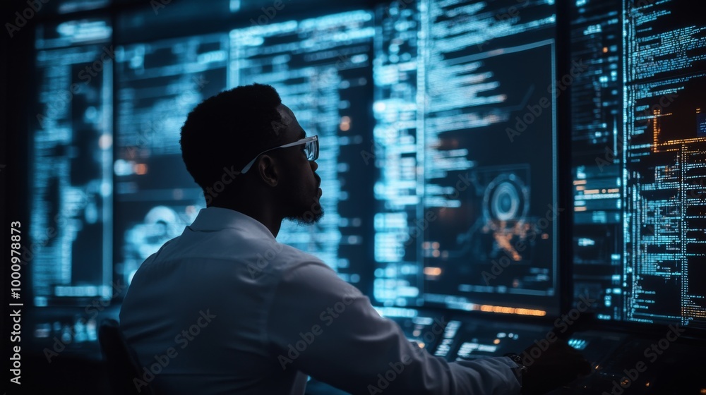 Man Working in Cybersecurity Control Room Man Working in Cybersecurity Control Room