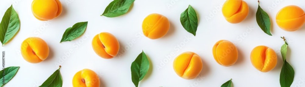 Fresh Apricots and Green Leaves Pattern on White Background - Top View of Vibrant Summer Fruits Fresh Apricots and Green Leaves Pattern on White Background - Top View of Vibrant Summer Fruits