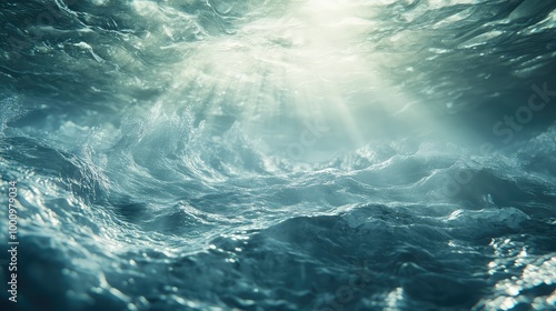 A dreamlike 3D design of the water bottom, surrounded by soft light and dynamic waves creating an enchanting atmosphere