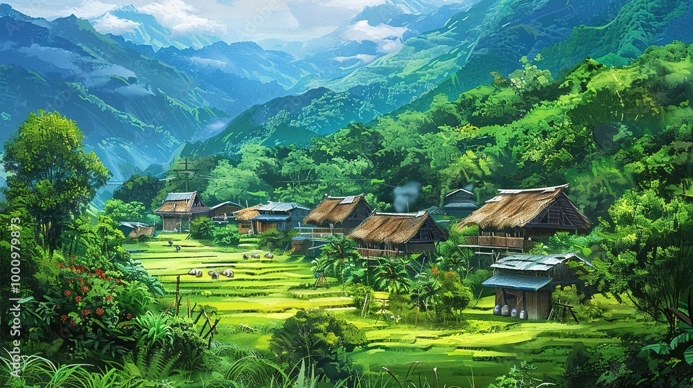 Beautiful Background of Rural Scenery in Mountain Villages: A Peaceful and Idyllic Retreat. Experience the Tranquility and Charm. Beautiful Background of Rural Scenery in Mountain Villages: A Peaceful and Idyllic Retreat. Experience the Tranquility and Charm.