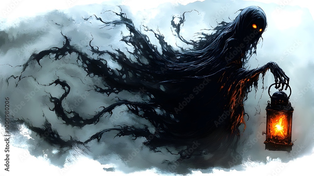 Ominous Wraith-like Figure Holding Glowing Lantern in Shrouding Shadowy Mist Ominous Wraith-like Figure Holding Glowing Lantern in Shrouding Shadowy Mist