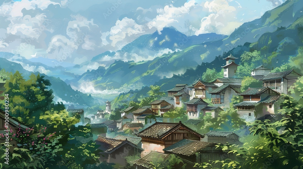 Obraz premium Beautiful Background of Rural Scenery in Mountain Villages: A Peaceful and Idyllic Retreat. Experience the Tranquility and Charm.