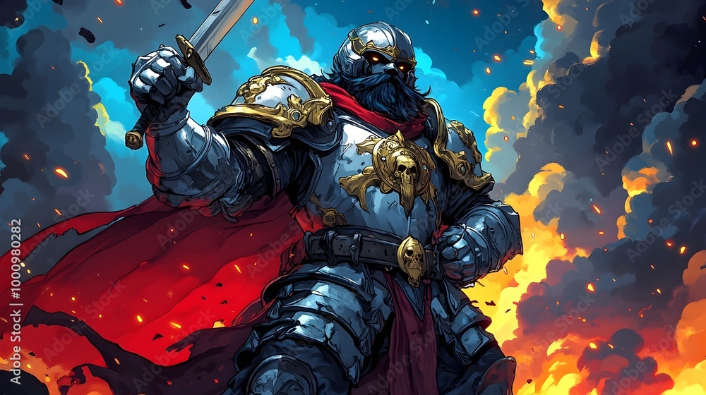 Majestic Fantasy Knight Warrior in Ornate Silver and Gold Armor Commanding the Battlefield Majestic Fantasy Knight Warrior in Ornate Silver and Gold Armor Commanding the Battlefield