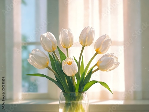 Elegant White Tulips in a Glass Vase, Softly Illuminated by Sunlight Through a Window