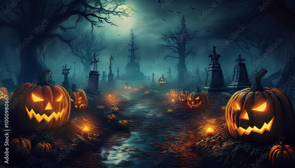 Jack O' Lanterns In Graveyard In The Spooky Night - Halloween Backdrop Background Jack O' Lanterns In Graveyard In The Spooky Night - Halloween Backdrop Background