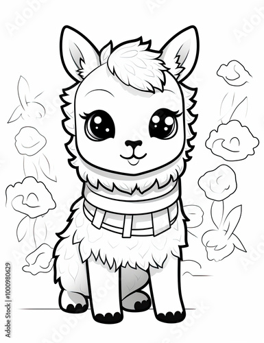 Beautiful Llama Coloring Page, Alpaca Colouring Design for Your Corporate Books and Business Graphic Resource or Creative Project, Ai Generative