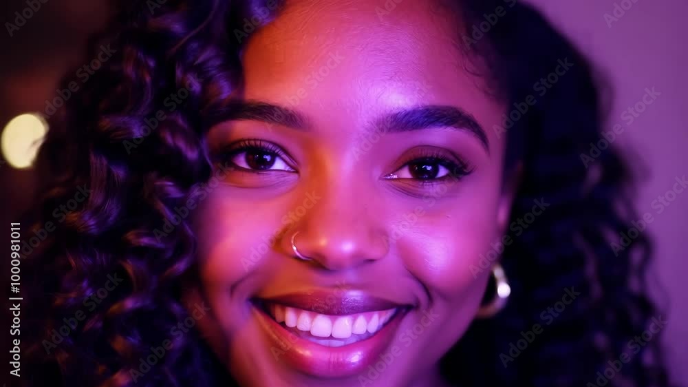 Young Black woman with natural curls smiling in soft purple and pink glow, digital light Young Black woman with natural curls smiling in soft purple and pink glow, digital light