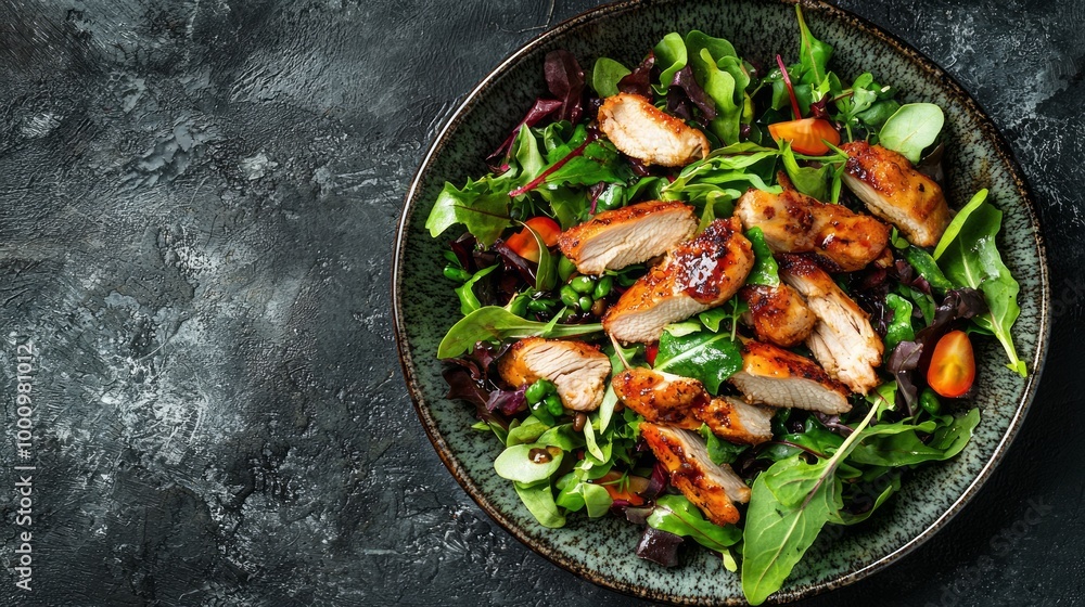 Fresh and Crispy: Vibrant Fried Chicken Salad with Colorful Toppings on Stylish Plate Fresh and Crispy: Vibrant Fried Chicken Salad with Colorful Toppings on Stylish Plate