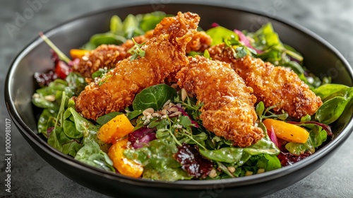 Crispy Delight - Gourmet Fried Chicken Salad with Colorful Toppings on Stylish Plate for Fresh Dining Experience