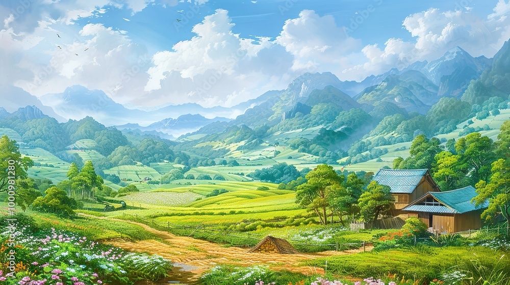 Obraz premium Beautiful Background of Rural Scenery in Mountain Villages: A Peaceful and Idyllic Retreat. Experience the Tranquility and Charm.