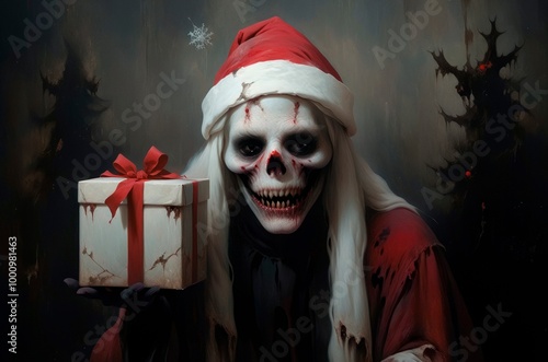 Wallpaper Mural A scary painting of monster dead zombie Santa Claus with christmas present gift box in his hands. Spooky horror gothic art dark Halloween Christmas illustration.	 Torontodigital.ca