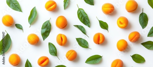 Wallpaper Mural Fresh Apricots and Green Leaves Pattern on White Background - Minimalist Summer Fruit Arrangement Torontodigital.ca