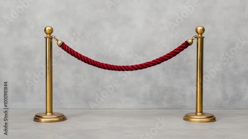 Red rope barrier on golden posts, minimalist concrete background. photo