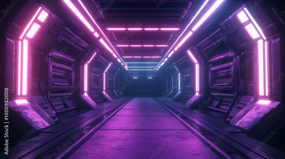 Fototapeta premium Captivating Photography of a Space Station Corridor with Glowing Neon Lights