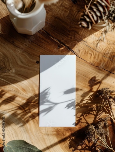 Top-Down View of a Blank White Bookmark on a Walnut Table