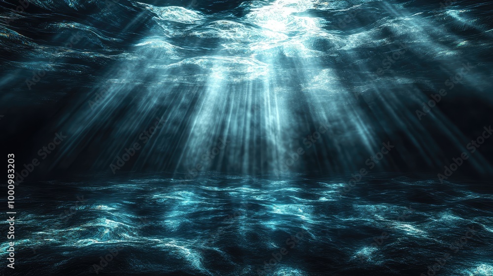 An abstract 3D depiction of a shimmering water bottom with ethereal light beams piercing through, creating a tranquil ambiance An abstract 3D depiction of a shimmering water bottom with ethereal light beams piercing through, creating a tranquil ambiance