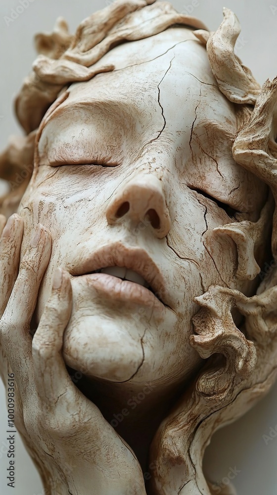Detailed Wood Sculpture of a Woman's Face Detailed Wood Sculpture of a Woman's Face