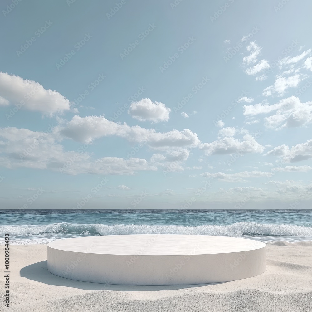 3d render of white podium on the beach with clouds in the sky 3d render of white podium on the beach with clouds in the sky