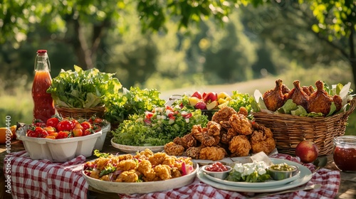 Summertime Picnic Delight: Fried Chicken, Fresh Salads, and Fruits on a Rustic Table in Nature