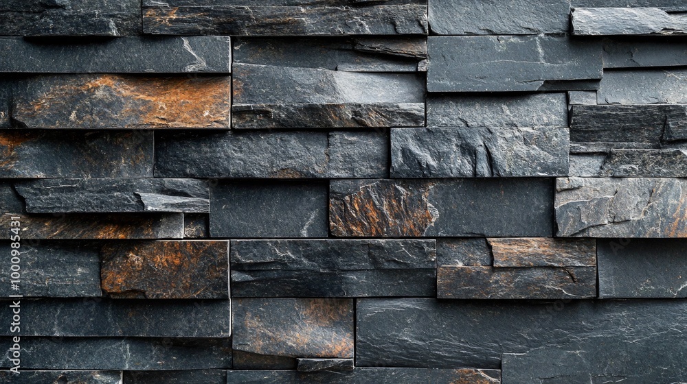 Close-up of a dark grey stone wall, with some rusty tones on some stones. Close-up of a dark grey stone wall, with some rusty tones on some stones.