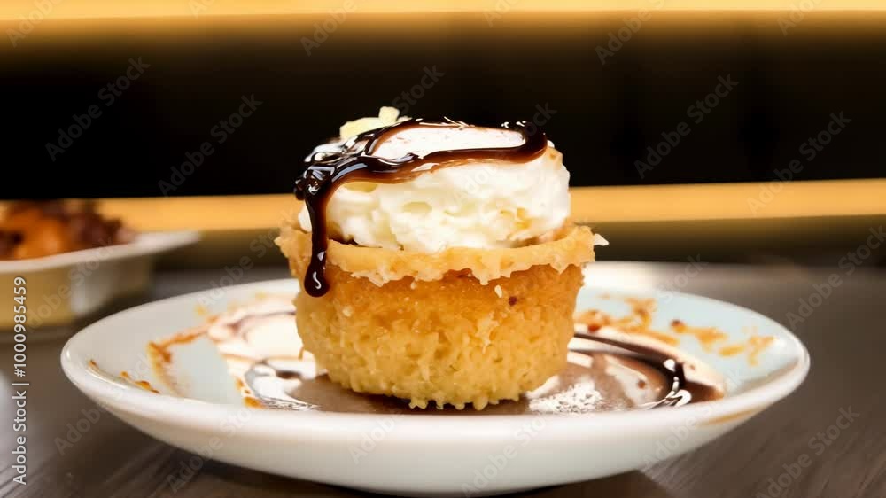 Gentle pan across a crispy tempura ice cream dessert with chocolate sauce. Gentle pan across a crispy tempura ice cream dessert with chocolate sauce.