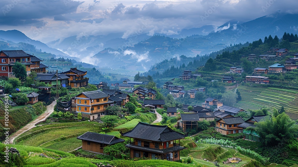 Fototapeta premium Beautiful Background of Rural Scenery in Mountain Villages: A Peaceful and Idyllic Retreat. Experience the Tranquility and Charm.