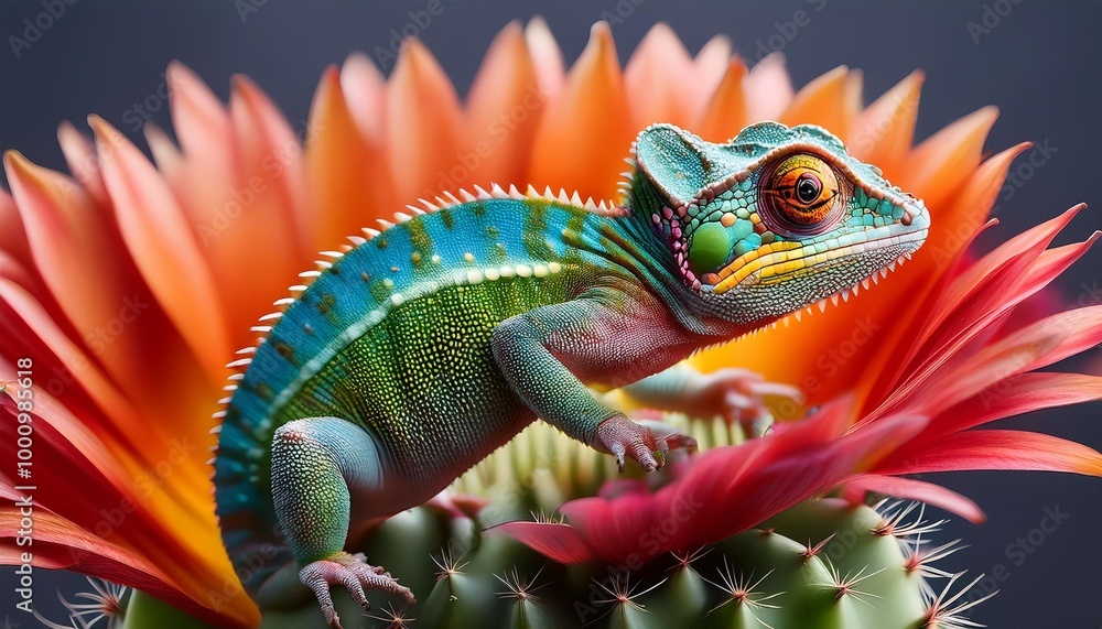 Fototapeta premium Lizard's Charm A vibrant chameleon face peeking from a cactus flower.