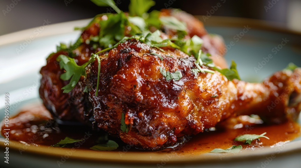 Savory Fried Chicken Delight - Close-up of Crispy Chicken Piece Drizzled with Sauce and Herbs on Plate for Food Advertisement Poster. Savory Fried Chicken Delight - Close-up of Crispy Chicken Piece Drizzled with Sauce and Herbs on Plate for Food Advertisement Poster.