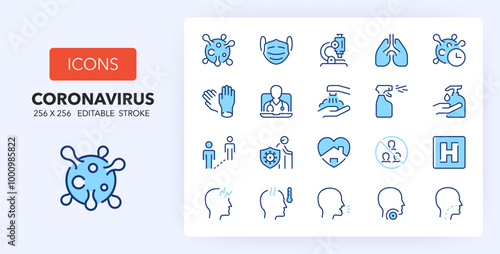 Line icons about diagnosis, symptomatology and prevention of coronavirus. Contains such icons as virus, fever, sanitizer and more. 256x256 Pixel Perfect editable in two colors