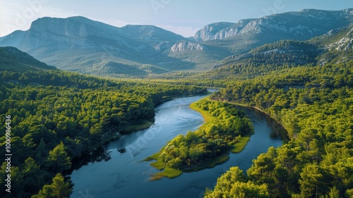 Mountain lake with forest reflection and scenic peaks 